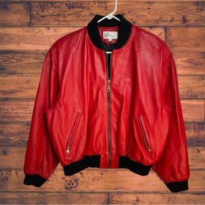 Melanzona Lipstick Red Zip Front Leather Jacket Small
